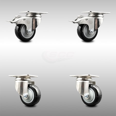 Service Caster 3.5 Inch 316SS Black Polyurethane Wheel Swivel Top Plate Caster Lock Brake, 2PK SCC-SS316TTL20S3514-PPUB-BLK-2-S-2